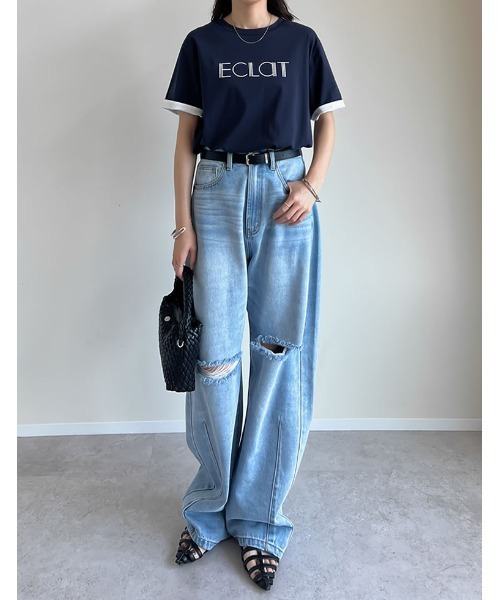 Re:EDIT（リエディ）の「[接触冷感]配色スリーブ半袖ロゴTシャツ（Tシャツ/カットソー・レディース・ブラック/ホワイト/ネイビー/グレー・MEDIUM/LARGE）」の9枚目の写真