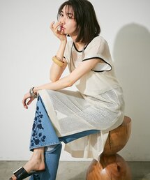 メッシュ配色ラインワンピース