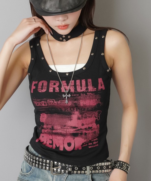 SPINNS（スピンズ）の「【セットアイテム】チョーカー付きテレコリブタンクトップ/スタッズ（タンクトップ・レディース・ブラック/ホワイト/カーキ/ピンク・ONESIZE）」の3枚目の写真