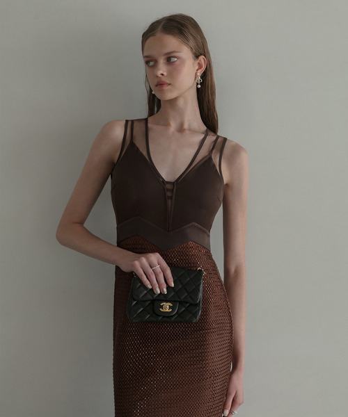 セール】【LEJA LUXE】VネックメッシュストーンIラインドレス