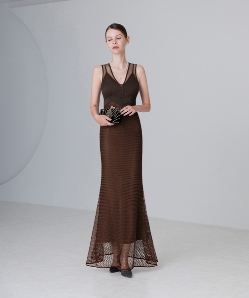 セール】【LEJA LUXE】VネックメッシュストーンIラインドレス