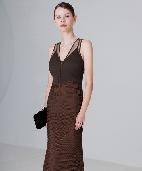 セール】【LEJA LUXE】VネックメッシュストーンIラインドレス