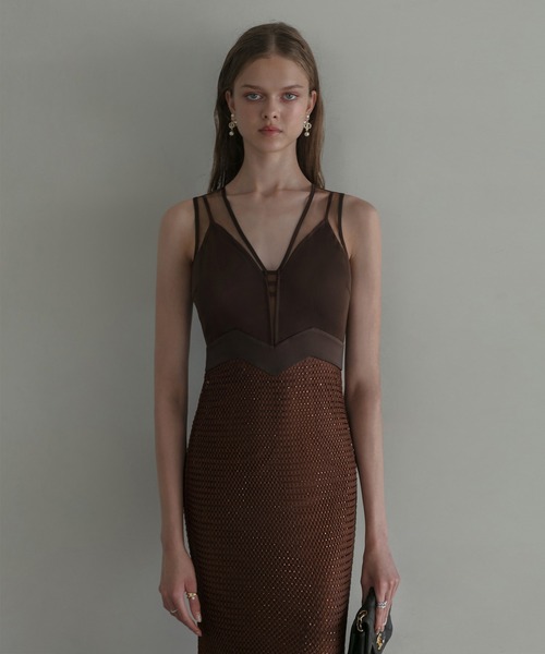 セール】【LEJA LUXE】VネックメッシュストーンIラインドレス