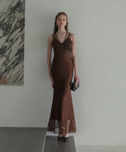 セール】【LEJA LUXE】VネックメッシュストーンIラインドレス