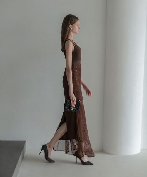 セール】【LEJA LUXE】VネックメッシュストーンIラインドレス