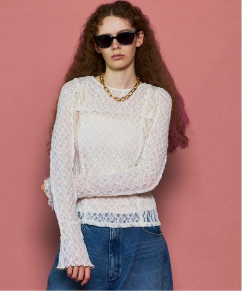 MAISON SPECIAL（メゾンスペシャル）の「Lace Tops/レーストップス（Tシャツ/カットソー・レディース・ホワイト/チャコールグレー/ブラック/ピンク/ライム・FREE）」の2枚目の写真