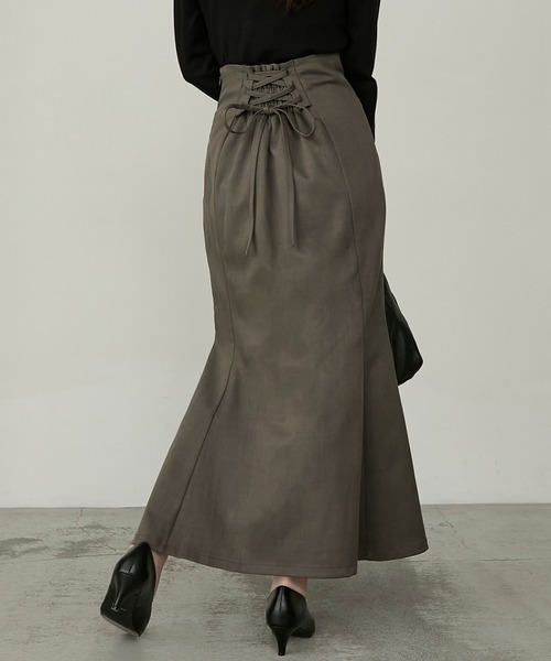 Cherir Mignon(シェリルミニョン)の「【Cherir Mignon】- Silhouette Couture -バックレースアップドレープデザインマーメイドロングスカート(スカート・レディース・チャコールグレー/ブラック/ブラウン・S/M)」の1枚目の写真