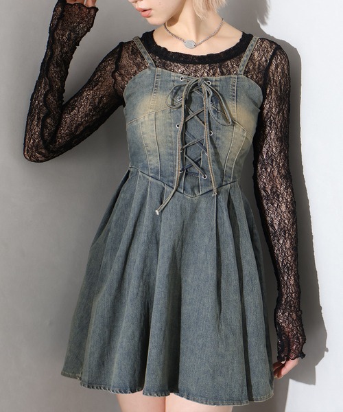 SpRay（スプレイ）の「デニムレースアップフレアキャミワンピース（ワンピース・レディース・ブラック/ブルー系その他2/ブルー・MEDIUM）」の3枚目の写真