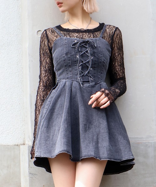 SpRay（スプレイ）の「デニムレースアップフレアキャミワンピース（ワンピース・レディース・ブラック/ブルー系その他2/ブルー・MEDIUM）」の2枚目の写真