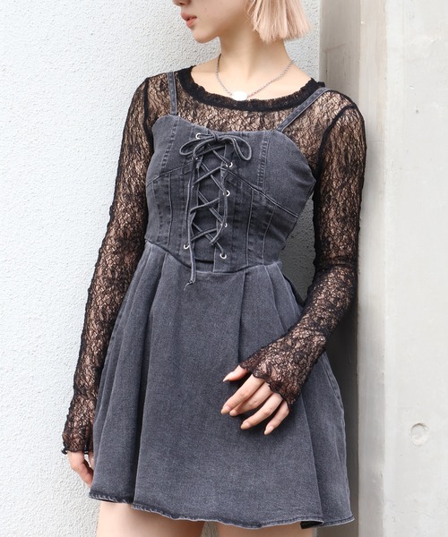 SpRay（スプレイ）の「デニムレースアップフレアキャミワンピース（ワンピース・レディース・ブラック/ブルー系その他2/ブルー・MEDIUM）」の4枚目の写真