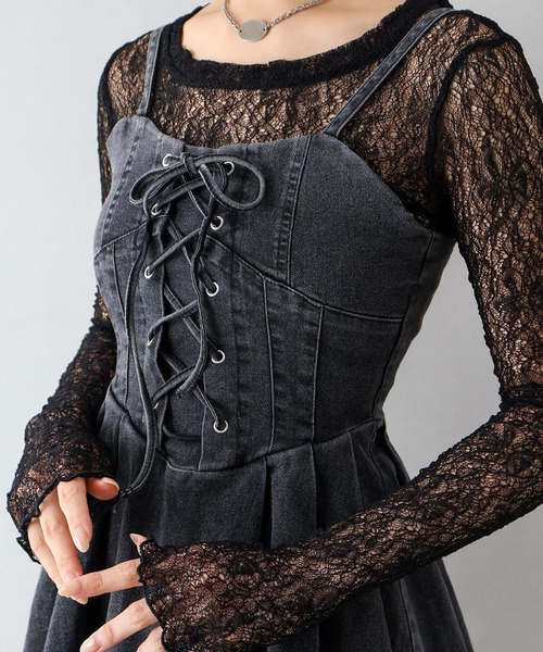 セール】デニムレースアップフレアキャミワンピース（ワンピース