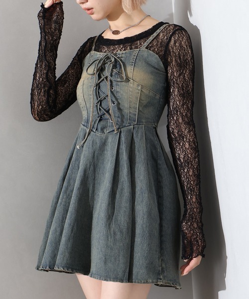 セール】デニムレースアップフレアキャミワンピース（ワンピース