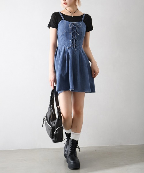 セール】デニムレースアップフレアキャミワンピース（ワンピース