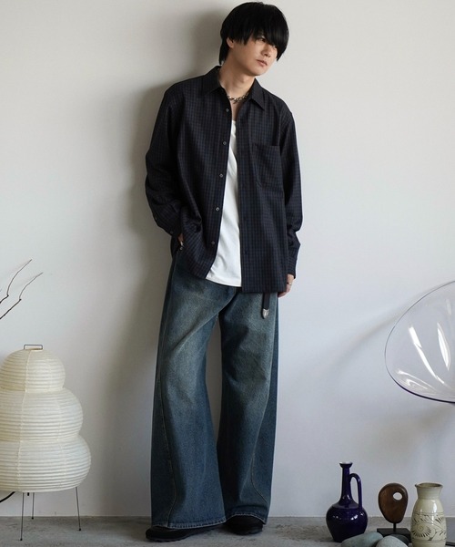 WYM LIDNM（ウィム バイ リドム）の「CLASSIC PLAID FLANNEL SHIRT（シャツ/ブラウス・メンズ・ネイビー系/アッシュブラウン/グレイッシュベージュ・S/M/L）」の6枚目の写真