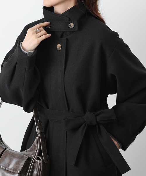 セール】ベルト付ボリューム袖ステンカラーコート（ステンカラーコート