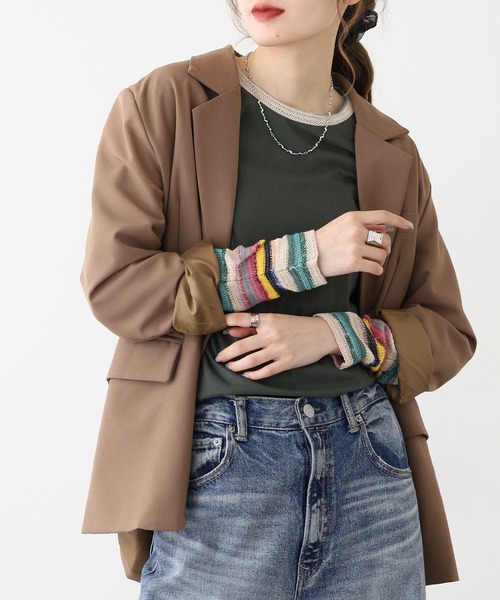 Quelle Chance(ケルシャンス)の「袖 JQ ジャガード切替プルオーバー 長袖 Tシャツ(Tシャツ/カットソー・レディース・イエロー/カーキ/チャコールグレー/ブルー・M/L)」の2枚目の写真