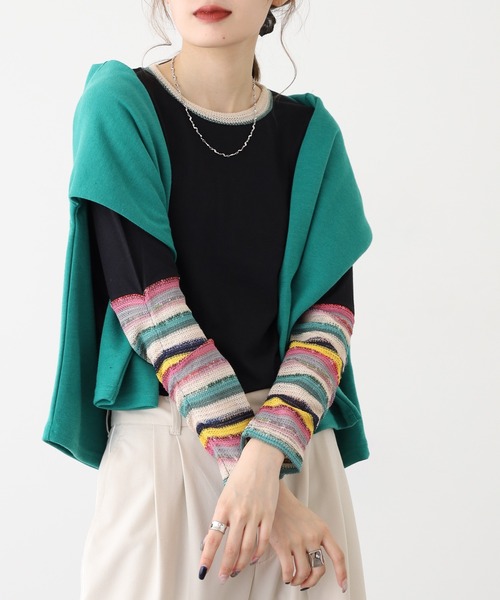 Quelle Chance(ケルシャンス)の「袖 JQ ジャガード切替プルオーバー 長袖 Tシャツ(Tシャツ/カットソー・レディース・イエロー/カーキ/チャコールグレー/ブルー・M/L)」の3枚目の写真