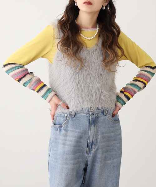 Quelle Chance(ケルシャンス)の「袖 JQ ジャガード切替プルオーバー 長袖 Tシャツ(Tシャツ/カットソー・レディース・イエロー/カーキ/チャコールグレー/ブルー・M/L)」の7枚目の写真