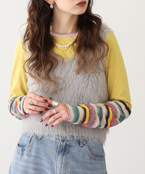 Quelle Chance(ケルシャンス)の「袖 JQ ジャガード切替プルオーバー 長袖 Tシャツ(Tシャツ/カットソー・レディース・イエロー/カーキ/チャコールグレー/ブルー・M/L)」の5枚目の写真
