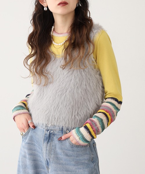 Quelle Chance(ケルシャンス)の「袖 JQ ジャガード切替プルオーバー 長袖 Tシャツ(Tシャツ/カットソー・レディース・イエロー/カーキ/チャコールグレー/ブルー・M/L)」の6枚目の写真