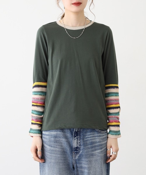 Quelle Chance(ケルシャンス)の「袖 JQ ジャガード切替プルオーバー 長袖 Tシャツ(Tシャツ/カットソー・レディース・イエロー/カーキ/チャコールグレー/ブルー・M/L)」の10枚目の写真