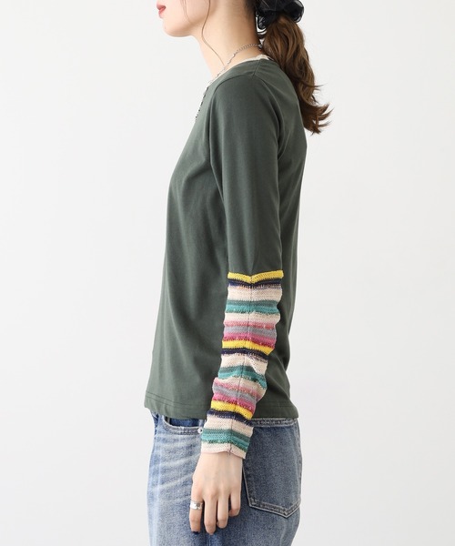 Quelle Chance(ケルシャンス)の「袖 JQ ジャガード切替プルオーバー 長袖 Tシャツ(Tシャツ/カットソー・レディース・イエロー/カーキ/チャコールグレー/ブルー・M/L)」の11枚目の写真