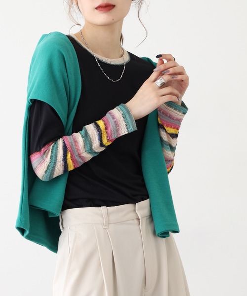 Quelle Chance(ケルシャンス)の「袖 JQ ジャガード切替プルオーバー 長袖 Tシャツ(Tシャツ/カットソー・レディース・イエロー/カーキ/チャコールグレー/ブルー・M/L)」の22枚目の写真