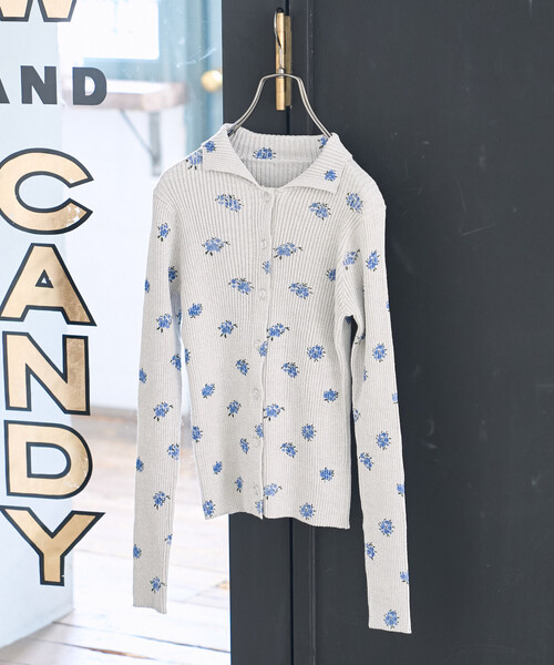 セール】フラワープリント リブニットカーディガン/ポロ襟