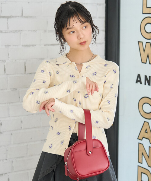 セール】フラワープリント リブニットカーディガン/ポロ襟