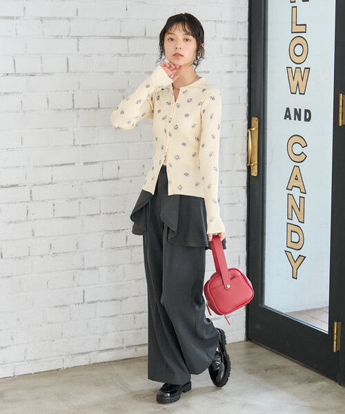 セール】フラワープリント リブニットカーディガン/ポロ襟