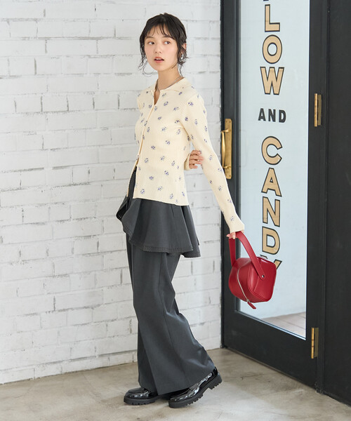 セール】フラワープリント リブニットカーディガン/ポロ襟