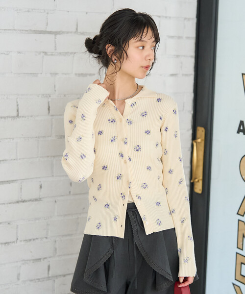 セール】フラワープリント リブニットカーディガン/ポロ襟