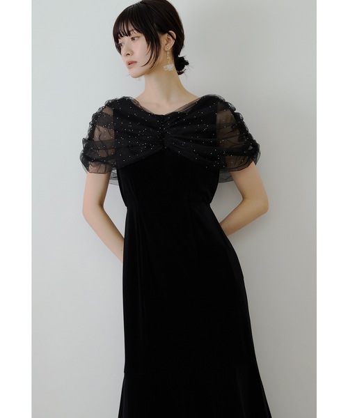 ラインストーンチュールオフショルベロアドレス パーティードレス
