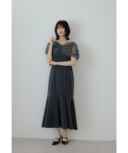 ラインストーンチュールオフショルベロアドレス パーティードレス