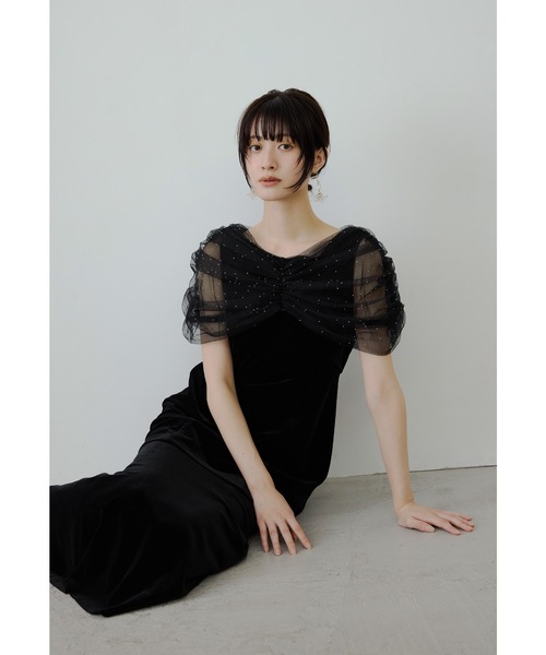 ラインストーンチュールオフショルベロアドレス パーティードレス