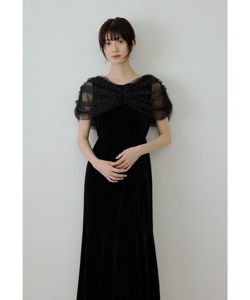 niana(ニアナ)の「ラインストーンチュールオフショルベロアドレス パーティードレス オケージョンドレス 結婚式 二次会 同窓会 成人式 お呼ばれワンピース(ドレス・レディース・ブラック/チャコール・M)」の3枚目の写真