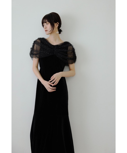 niana(ニアナ)の「ラインストーンチュールオフショルベロアドレス パーティードレス オケージョンドレス 結婚式 二次会 同窓会 成人式 お呼ばれワンピース(ドレス・レディース・ブラック/チャコール・M)」の5枚目の写真