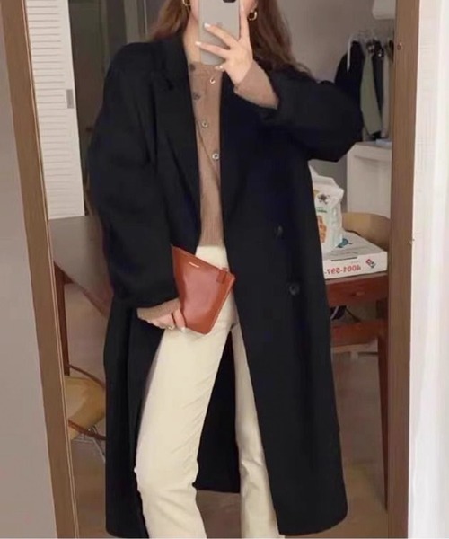 即完 新品ウールブレンド ダブルブレスト ロングチェスターコートブラック LUCPY コート チェスターコート ダブルブレストロングコート