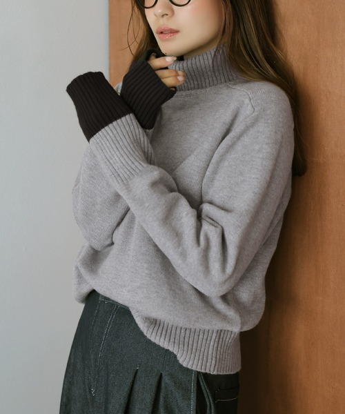 セール】袖口バイカラータートルネックニット（ニット/セーター