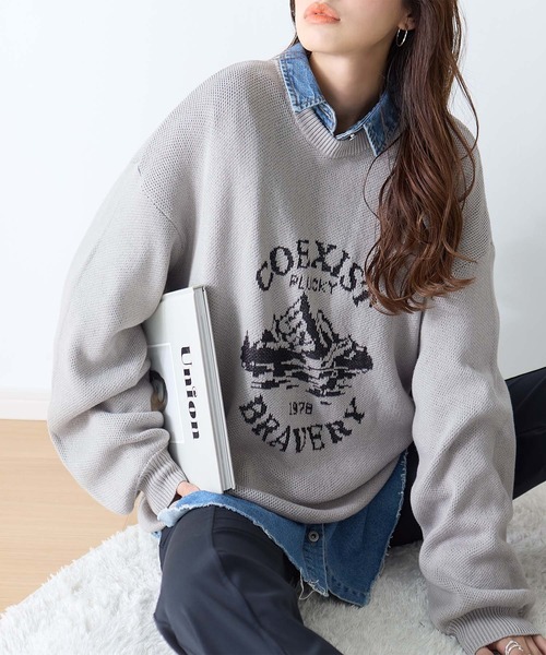 ReDial(リダイアル)の「ダブルジャカードロゴニット(ニット/セーター・レディース・チャコールグレー/ブラック×グレー/ベージュ×ブラック・L/M)」の2枚目の写真