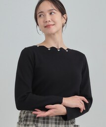 DRESKIP | 【洗濯機可/S-LL】スカラップネックが上品な ビジュー付きニット(ニット/セーター)