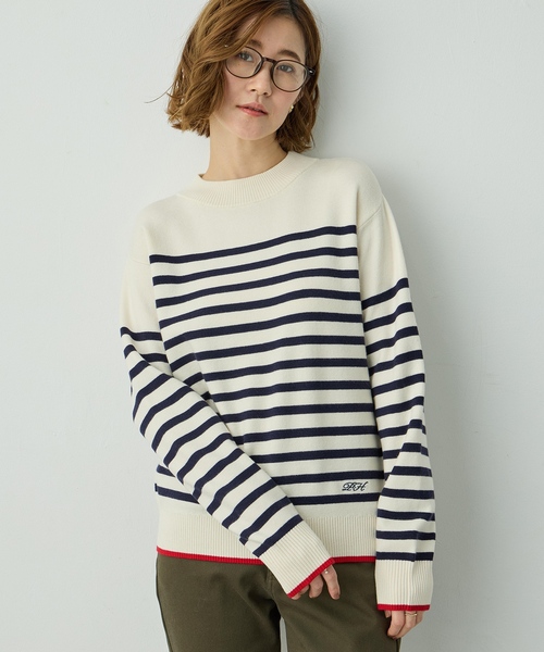 Petit Honfleur（プチオンフルール）の「配色ボーダーブルオーバー【洗濯機OK・もちもち素材】（ニット/セーター・レディース・ベージュ/ネイビー/アイボリー・M/L）」の2枚目の写真