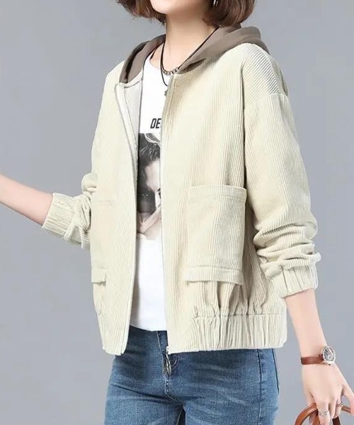 SallyLunn（サリーラン）の「フード付きコーデュロイジップジャンパー（その他アウター・レディース・ブラウン/ホワイト/カーキ・LARGE/MEDIUM）」の5枚目の写真