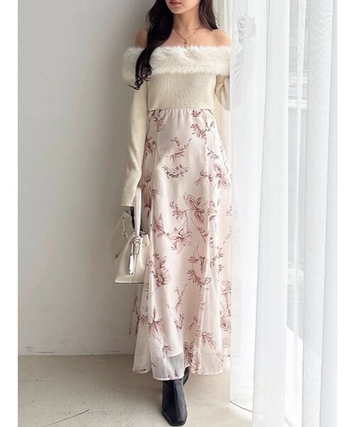MERCURYDUO(マーキュリーデュオ)の「花柄オフショルニットドッキングワンピース(ワンピース・レディース・アイボリー/ブラウン・MEDIUM/SMALL)」の22枚目の写真