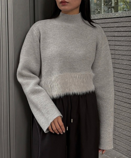 &g'aime(アンジェム)の「【&g'aime 】シャギー切替ショートニット Shaggy Contrast Short Knit(ニット/セーター・レディース・杢グレー/ブラック/キャメル・FREE)」の3枚目の写真