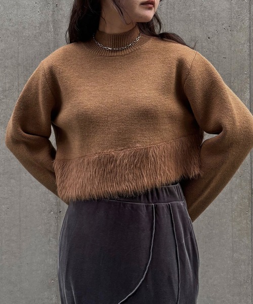 &g'aime(アンジェム)の「【&g'aime 】シャギー切替ショートニット Shaggy Contrast Short Knit(ニット/セーター・レディース・杢グレー/ブラック/キャメル・FREE)」の1枚目の写真