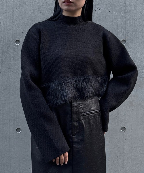 &g'aime(アンジェム)の「【&g'aime 】シャギー切替ショートニット Shaggy Contrast Short Knit(ニット/セーター・レディース・杢グレー/ブラック/キャメル・FREE)」の4枚目の写真