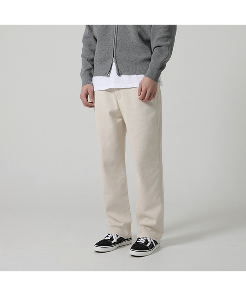 Beige straight cut cotton pants with cut hem