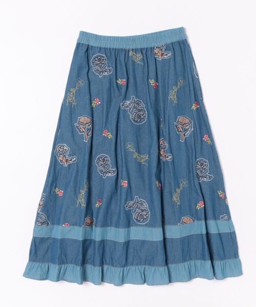 SUPER HAKKA（スーパーハッカ）の「ライトオンスデニム　ローズスケッチ刺繍スカート（裏地無し）（スカート・レディース・ブルー/ネイビー・FREE）」の2枚目の写真