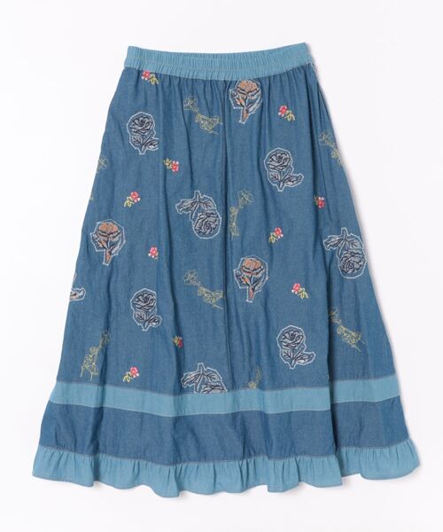 SUPER HAKKA（スーパーハッカ）の「ライトオンスデニム　ローズスケッチ刺繍スカート（裏地無し）（スカート・レディース・ブルー/ネイビー・FREE）」の3枚目の写真